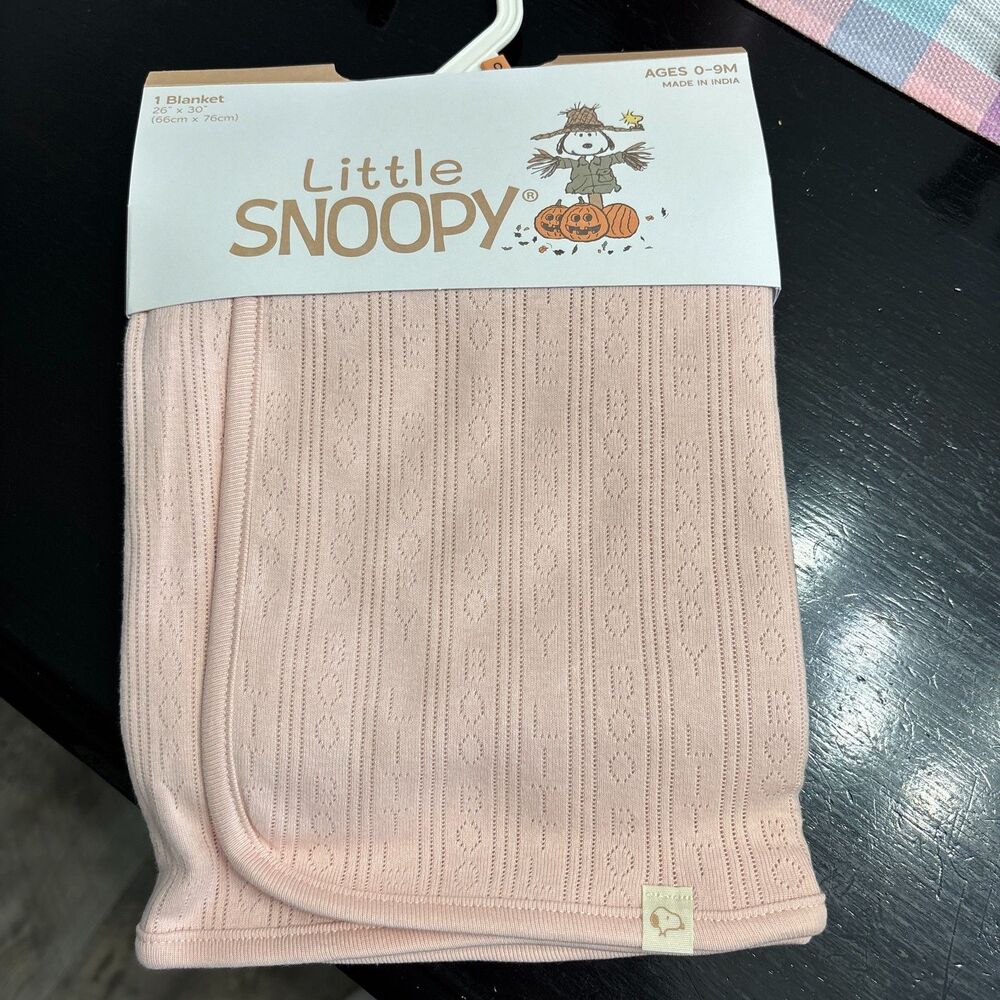 Little Snoopy Peachy Keen Baby Blanket Pink Pointelle Knit 26x30" New 0-9M